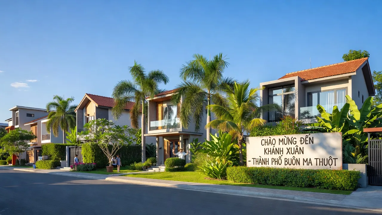 Cảnh quan phường Khánh Xuân, thành phố Buôn Ma Thuột với nhà cửa và cây xanh, thể hiện sự phát triển đô thị.
