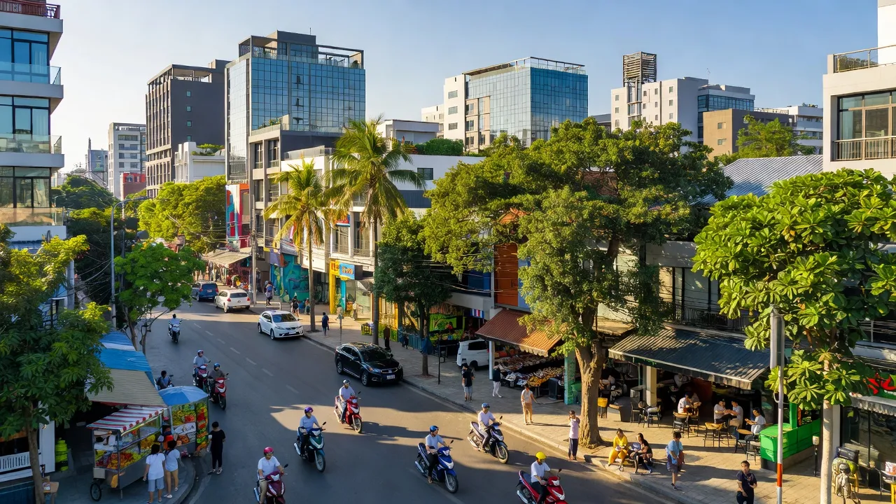 Khung cảnh sôi động của phường Tân An, Buôn Ma Thuột, Đắk Lắk với kiến trúc hiện đại và đời sống phố thị.