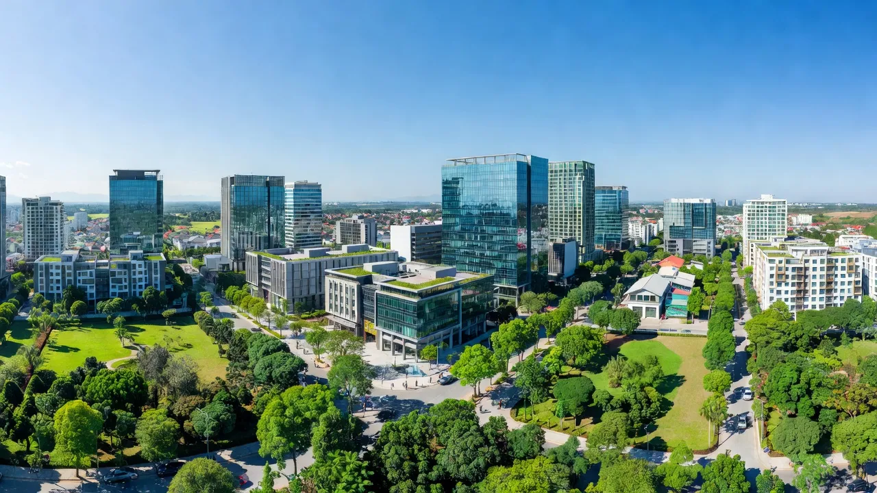 Phường Tân Lập, Buôn Ma Thuột, với tòa nhà và cây xanh, thể hiện sự phát triển hiện đại.