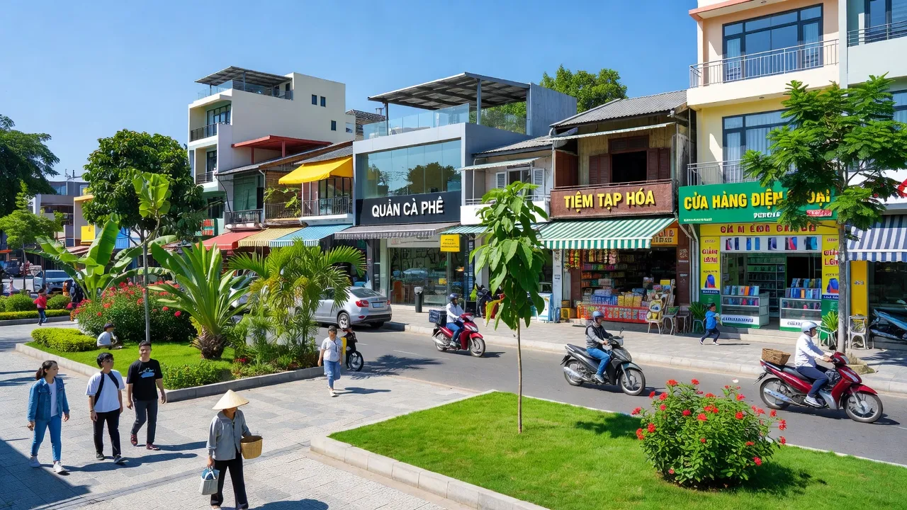 Khung cảnh đường phố tại phường Tân Lợi, Buôn Ma Thuột với nhiều cây xanh và cửa hàng địa phương.
