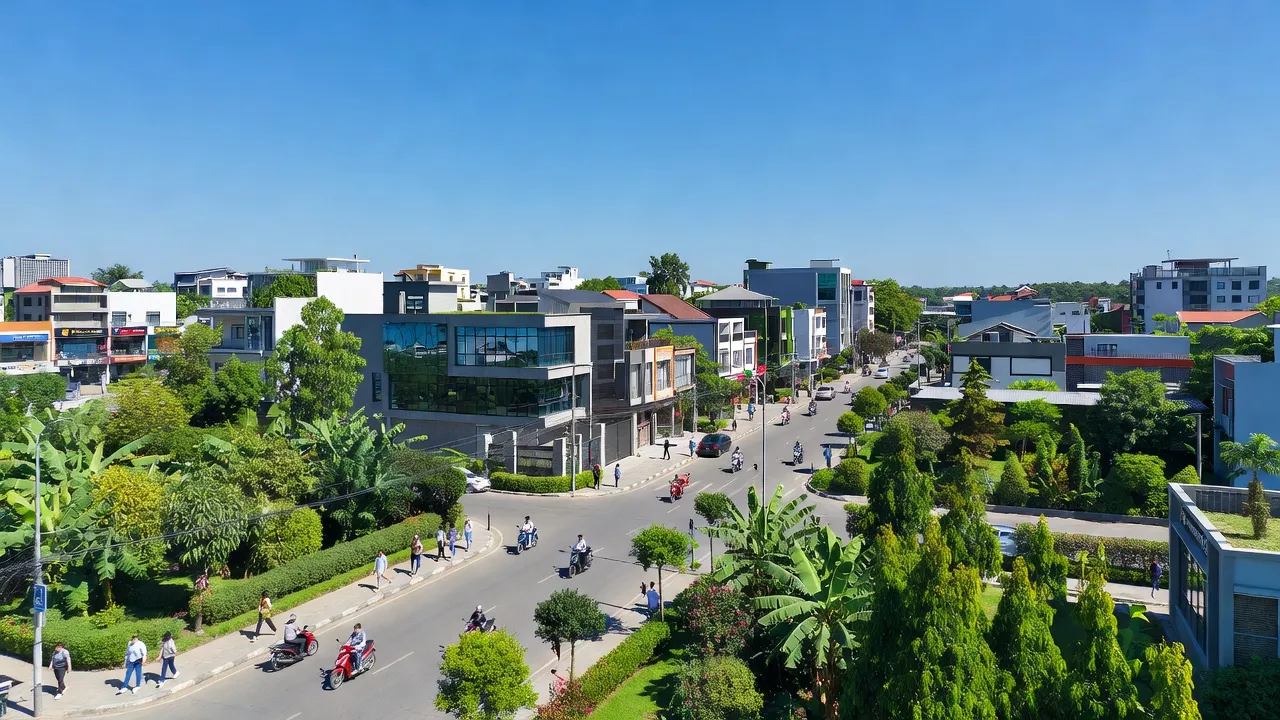 Khung cảnh phường Tân Lợi, Buôn Ma Thuột với nhà cửa hiện đại và cây xanh tươi tốt.