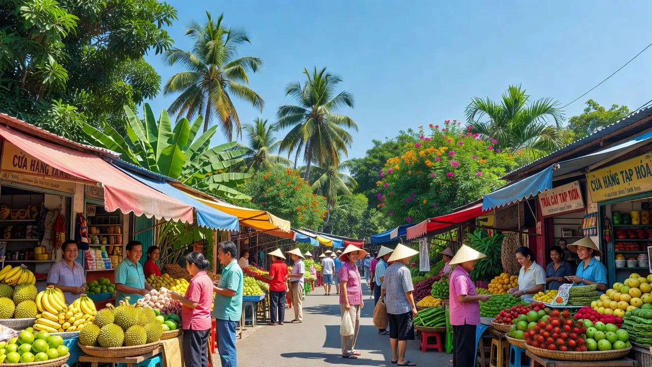 Cảnh quan Phường Thành Công, Buôn Ma Thuột với chợ địa phương và cây xanh, không khí sôi động.