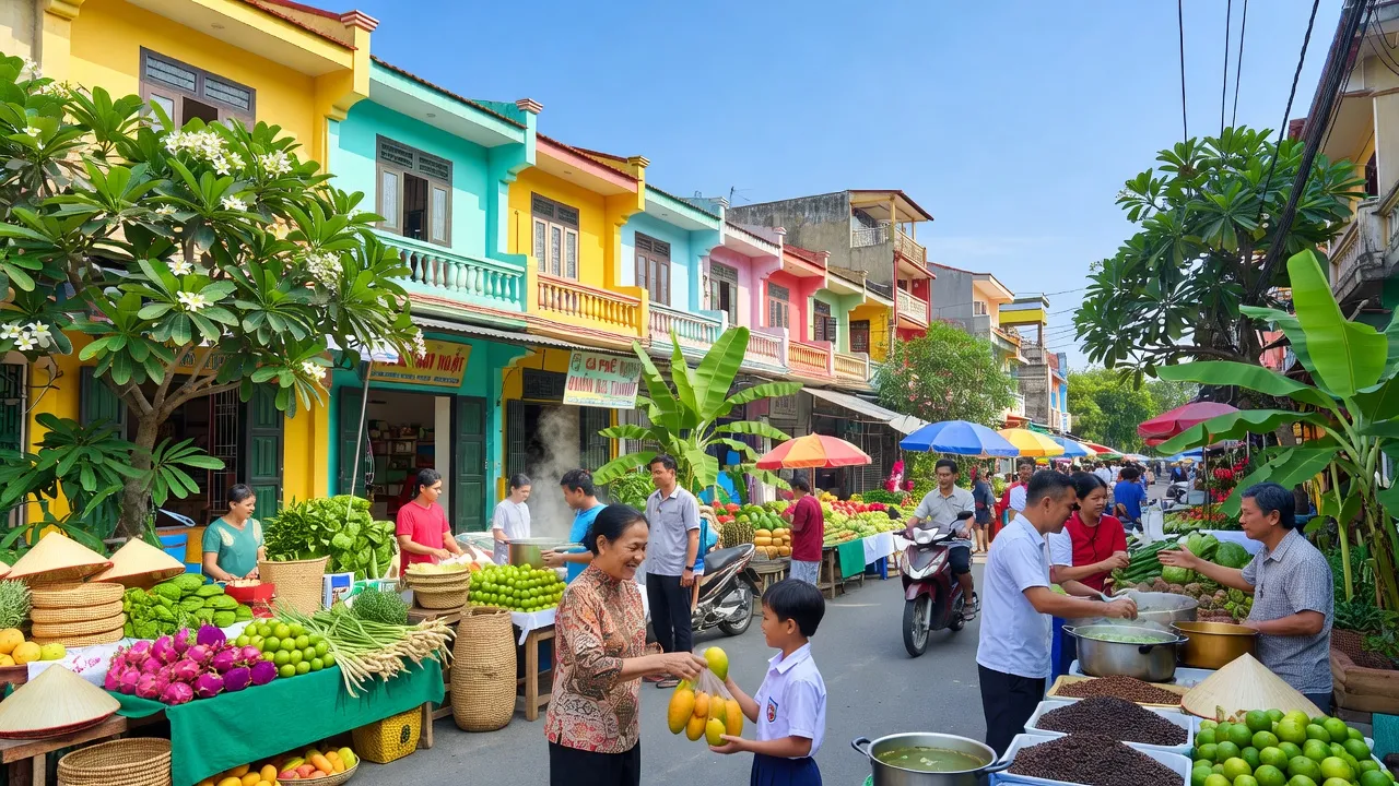 Cảnh đường phố sôi động tại Phường Thành Nhất, Buôn Ma Thuột, với nhà cửa và chợ nổi bật.