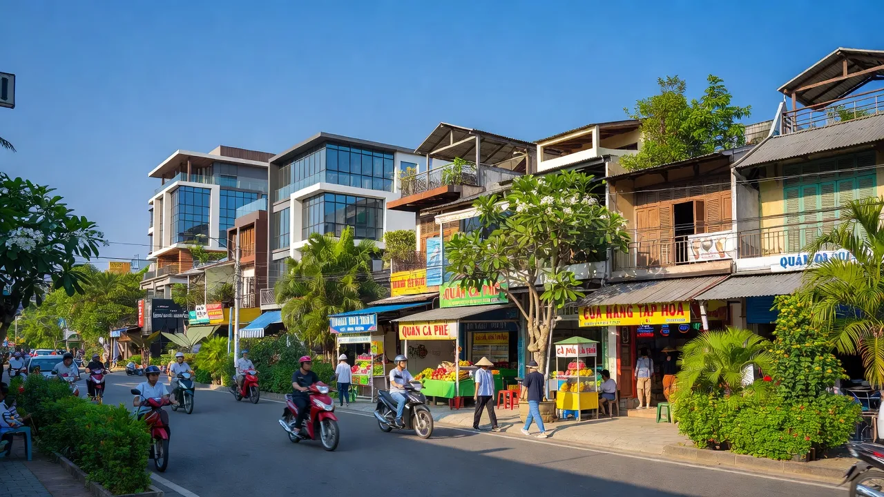 Cảnh phố sôi động ở Phường Tự An, Buôn Ma Thuột với kiến trúc hiện đại và bầu không khí tươi đẹp.