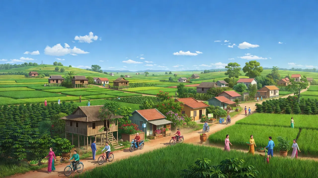 Khung cảnh huyện Cư Kuin, Đắk Lắk với cánh đồng xanh và cuộc sống đô thị năng động.