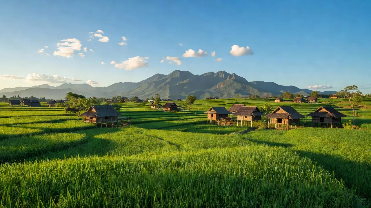 Cảnh nông thôn xã Cư Ê Wi, huyện Cư Kuin, tỉnh Đắk Lắk với cánh đồng xanh và nhà gỗ.
