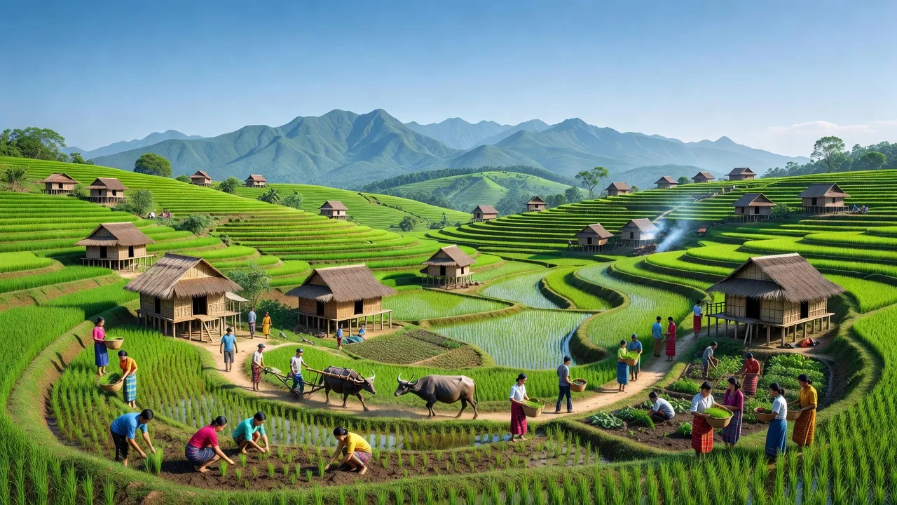 Cảnh đẹp ở xã Dray Bhăng, huyện Cư Kuin, Đắk Lắk với màu xanh tươi mát và cuộc sống nông thôn.