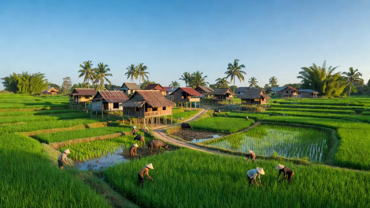 Khung cảnh nông thôn Xã Ea Bhốk, huyện Cư Kuin, tỉnh Đắk Lắk với cánh đồng xanh mướt.