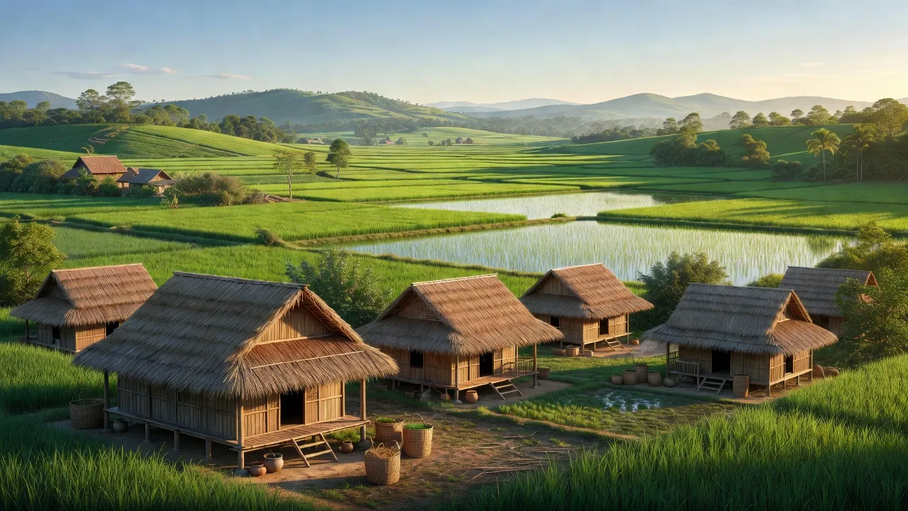 Cảnh quan xã Ea Ktur, huyện Cư Kuin, Đắk Lắk với cánh đồng xanh và nhà truyền thống.