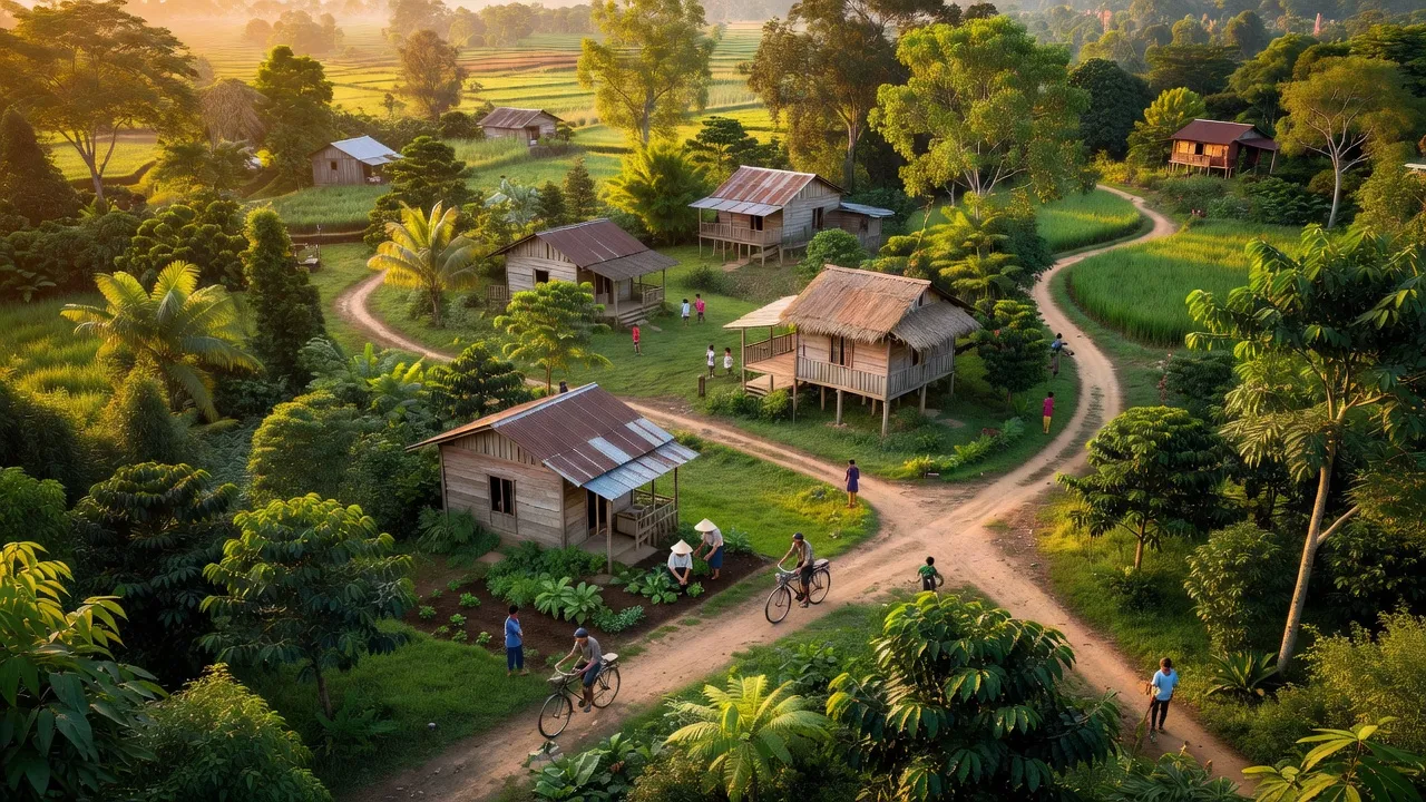 Khung cảnh xã Ea Ktur, huyện Cư Kuin, Đắk Lắk, với cây xanh và cuộc sống người dân địa phương.