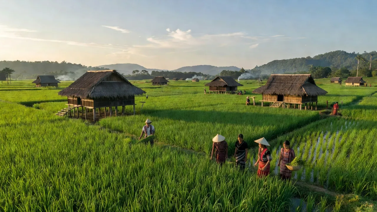 Cảnh làng Ea Ning, huyện Cư Kuin, Đắk Lắk với ruộng xanh và nhà truyền thống.