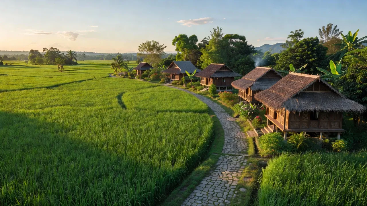 Cảnh sắc nông thôn xã Ea Tiêu huyện Cư Kuin, Đắk Lắk với cánh đồng và nhà truyền thống.