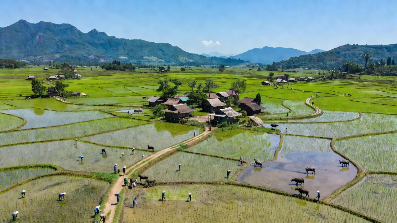 Cảnh đẹp Xã Hòa Hiệp, huyện Cư Kuin, Đắk Lắk với cánh đồng xanh và hoạt động nông nghiệp.