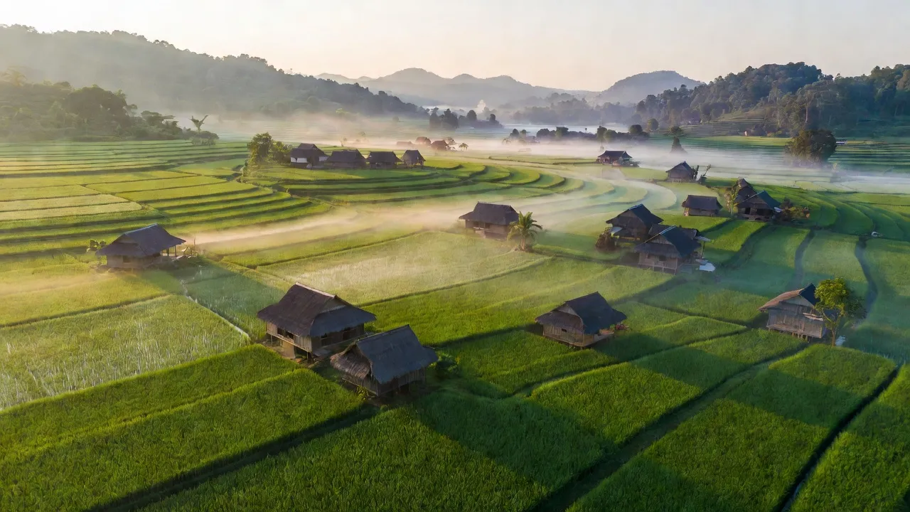 Hòa Hiệp, Cư Kuin, Đắk Lắk with rice fields and traditional houses surrounded by lush hills.