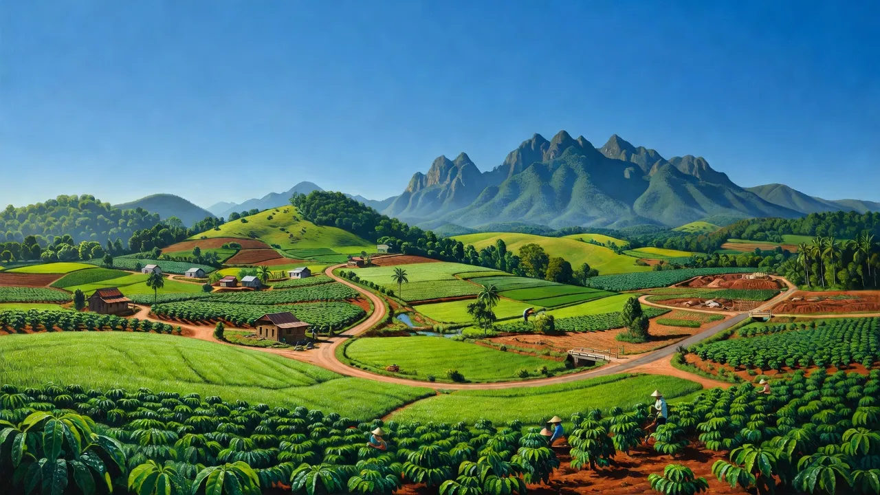 Cảnh quan huyện Cư M'gar, Đắk Lắk với đồng xanh, núi và bầu trời trong sáng.