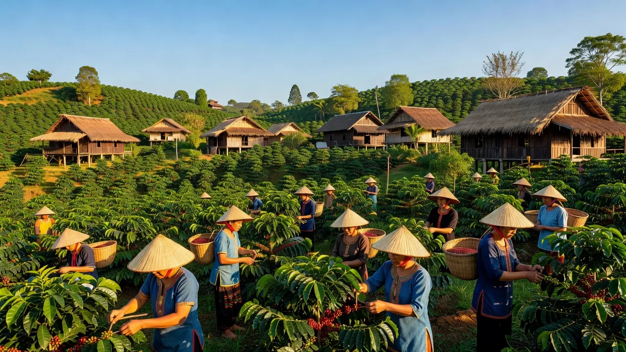 Khung cảnh xanh mướt xã Cư Dliê M'nông, Đắk Lắk, với các đồn điền cà phê và bầu trời trong xanh.
