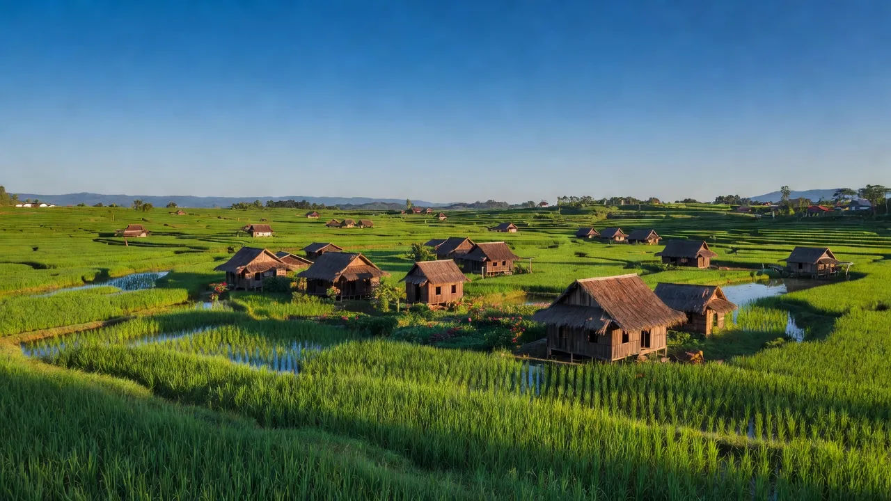 Cảnh đẹp xã Ea D'Rơng, huyện Cư M'gar, tỉnh Đắk Lắk với những cánh đồng xanh và nhà sàn truyền thống.