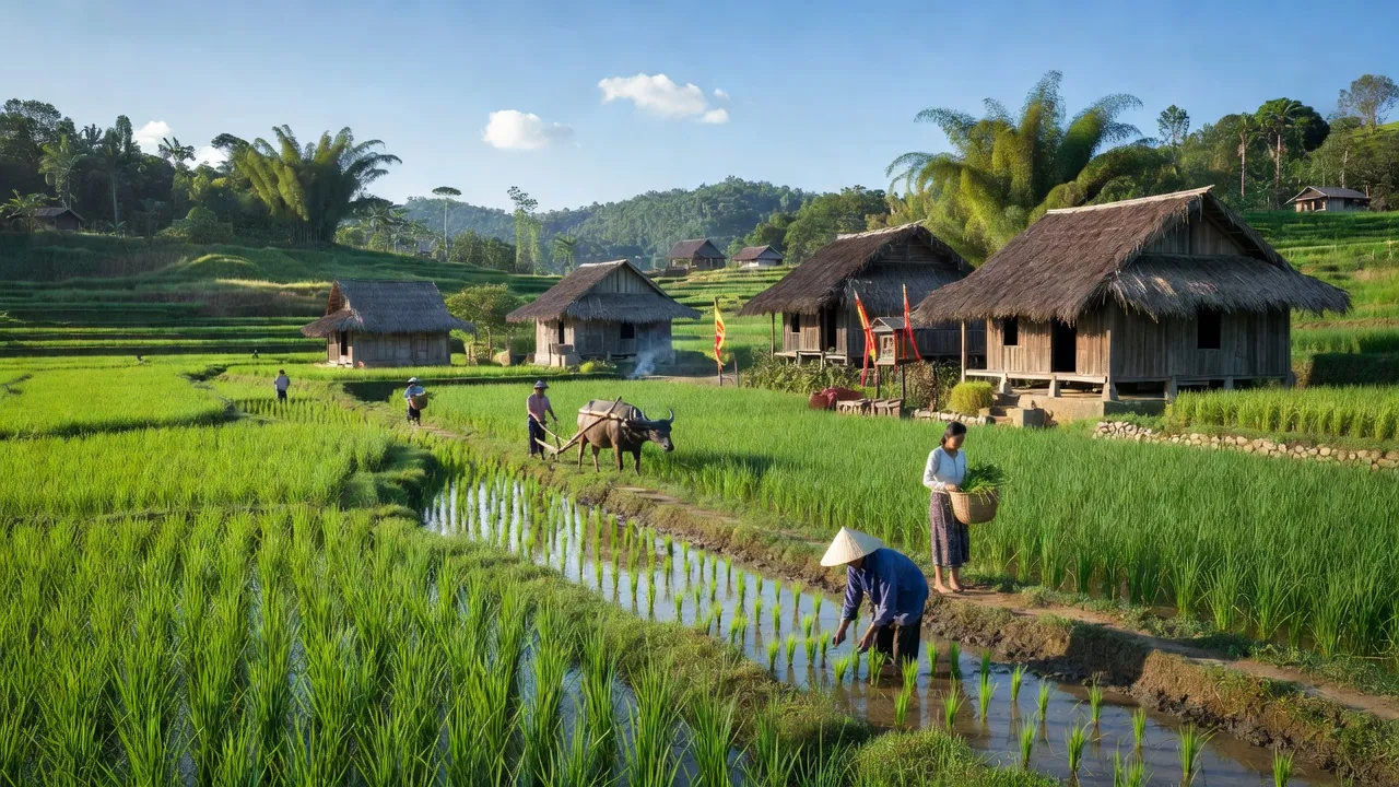 Khung cảnh yên bình của xã Ea H'đinh, huyện Cư M'gar, tỉnh Đắk Lắk với cánh đồng xanh và nhà nông.