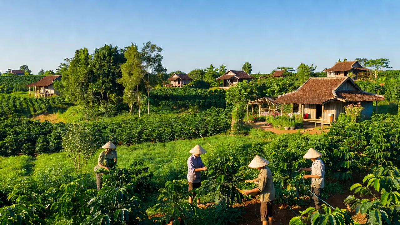 Phong cảnh nông thôn xã Ea H'đinh, huyện Cư M'gar, Đắk Lắk với cánh đồng xanh và nhà truyền thống.