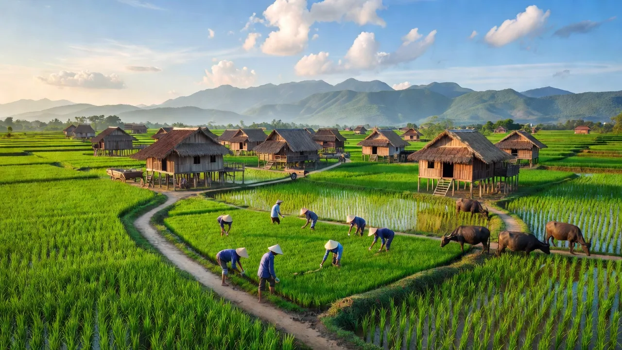 Cảnh sắc xã Ea KPam, huyện Cư M'gar, tỉnh Đắk Lắk với cánh đồng xanh và núi non.
