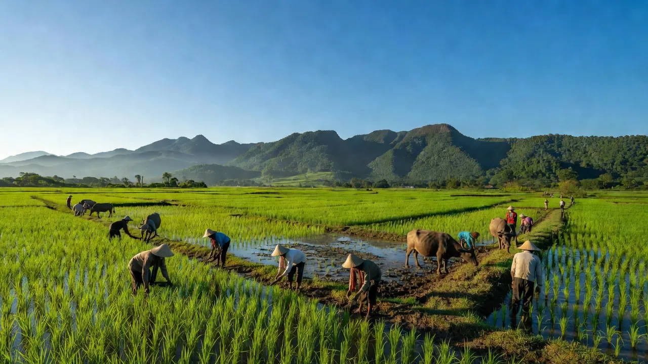 Cảnh quan xanh tươi xã Ea Kuêh, huyện Cư M'gar, tỉnh Đắk Lắk với người nông dân trên cánh đồng.