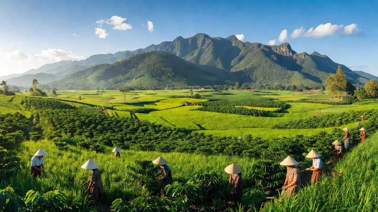 Cảnh sắc thiên nhiên xã Ea M'DRóh, huyện Cư M'gar, Đắk Lắk, với cánh đồng và núi non.