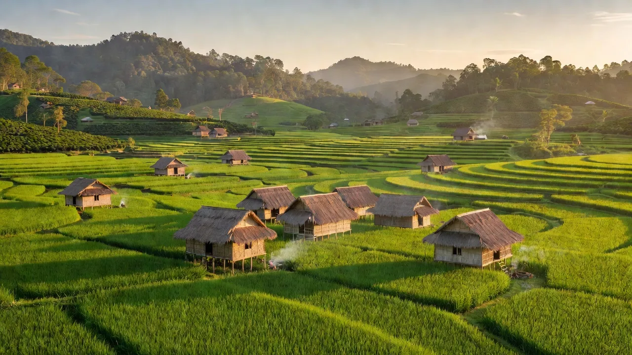 Cảnh nông thôn xanh tươi ở xã Ea M'nang, huyện Cư M'gar, Đắk Lắk với đồng ruộng và nhà truyền thống.