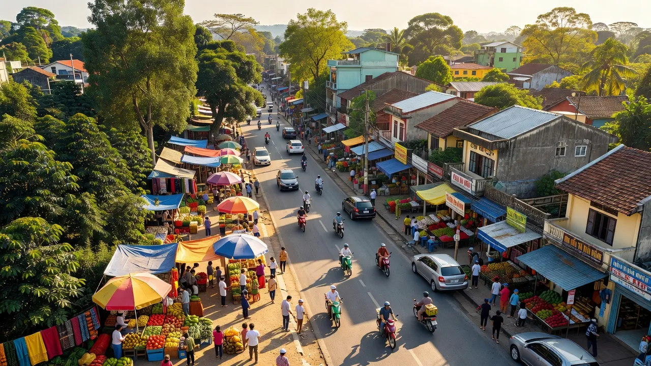 Thị trấn Ea Pốk, Cư M'gar, Đắk Lắk, với hoạt động kinh tế nhộn nhịp và cảnh quan xanh tươi.