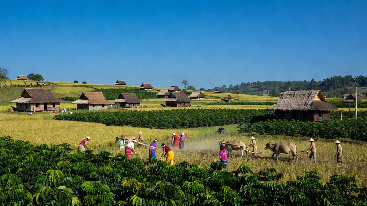 Khung cảnh nông thôn xã Ea Tar, huyện Cư M'gar, tỉnh Đắk Lắk với đồng xanh và nhà truyền thống.