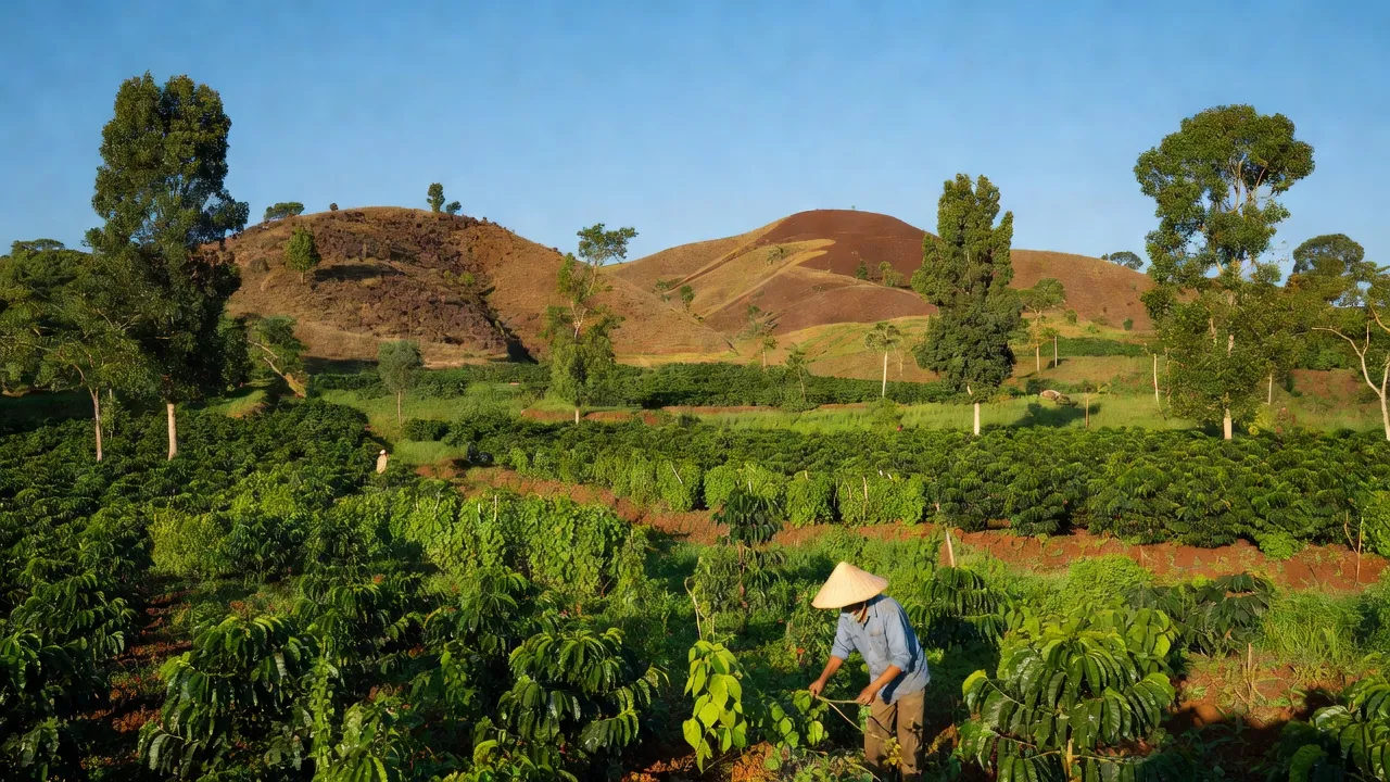Cánh đồng nông nghiệp tại xã Quảng Hiệp, huyện Cư M'gar, tỉnh Đắk Lắk, với đồi đất đỏ bazan và bầu trời xanh.