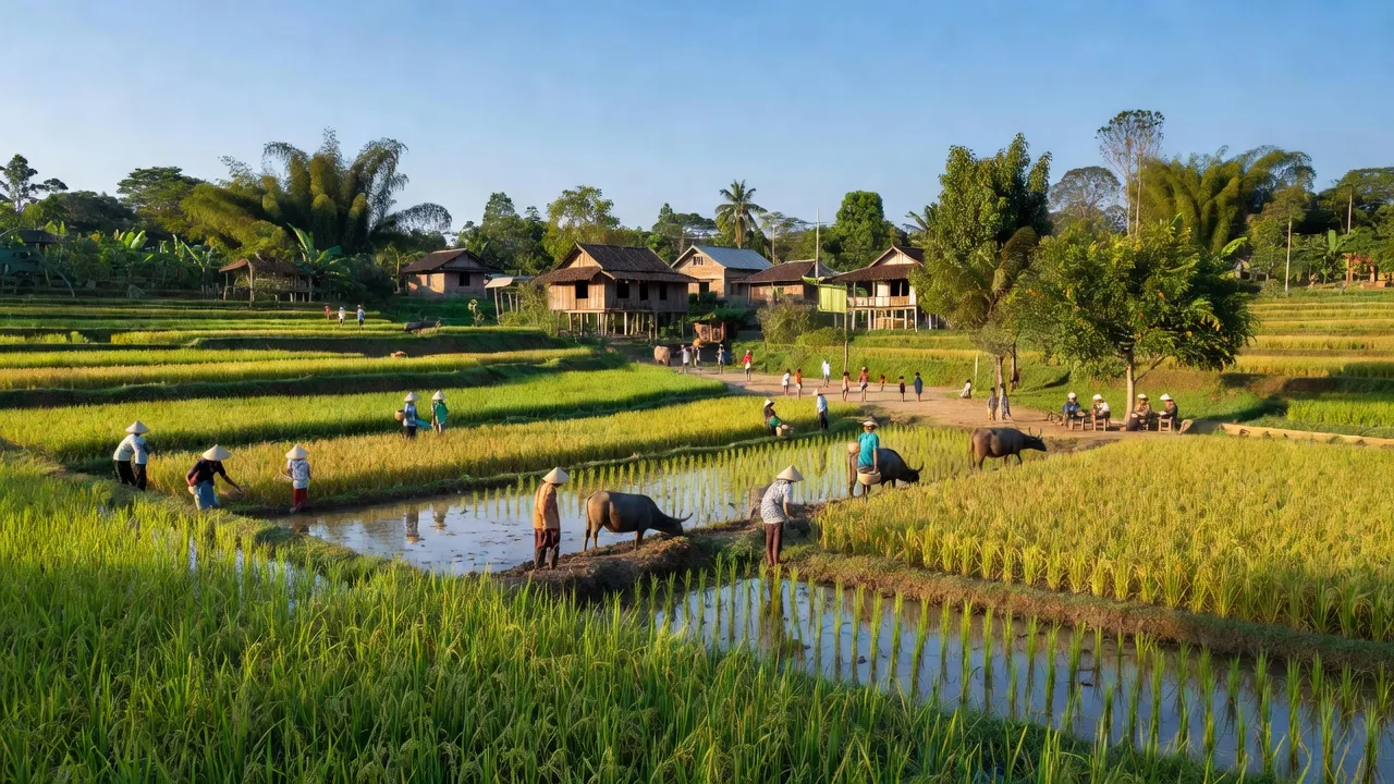 Quang Tien commune in Cu M'gar, Dak Lak, showcasing rural life and scenic rice fields.