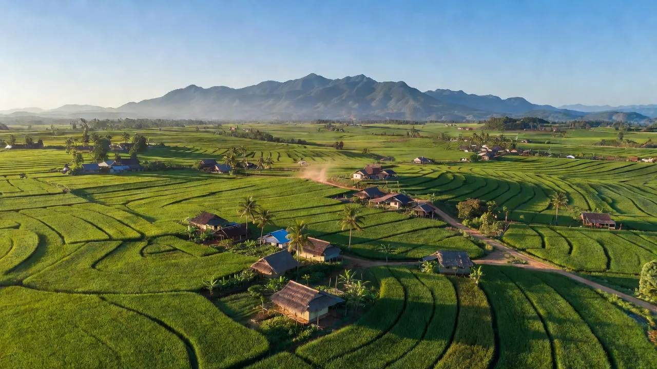 Khung cảnh huyện Ea H'leo, tỉnh Đắk Lắk với cánh đồng xanh và làng quê yên bình.