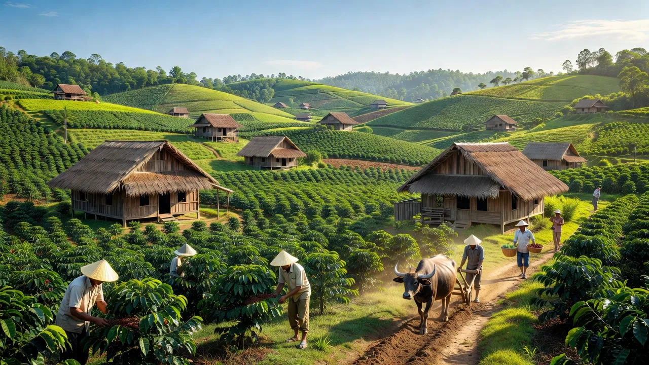 Khung cảnh nông thôn xã Dliê Yang, huyện Ea H'leo, tỉnh Đắk Lắk với đồi xanh và nhà gỗ.
