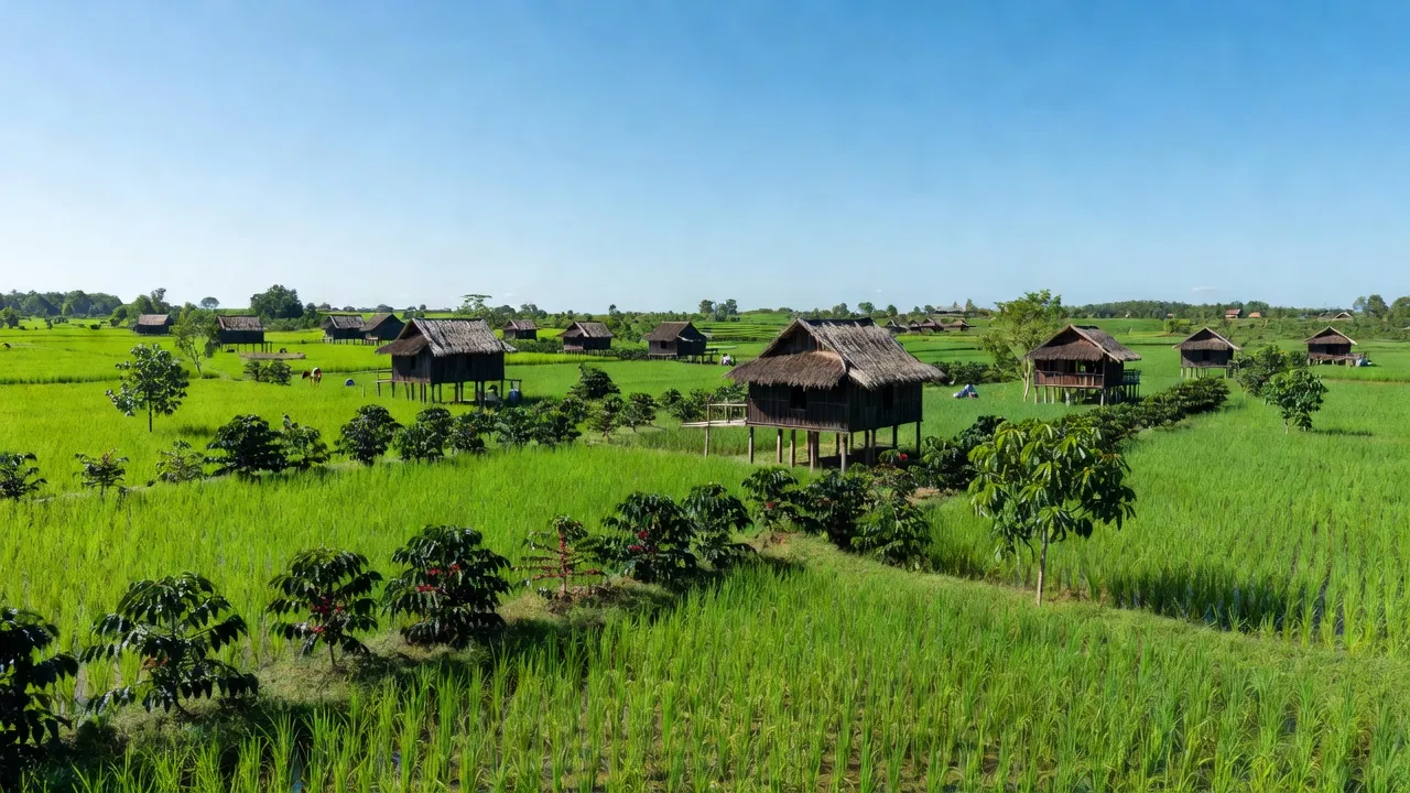 Khung cảnh xanh tươi của xã Ea Hiao, Đắk Lắk với nhà sàn và ruộng đồng.