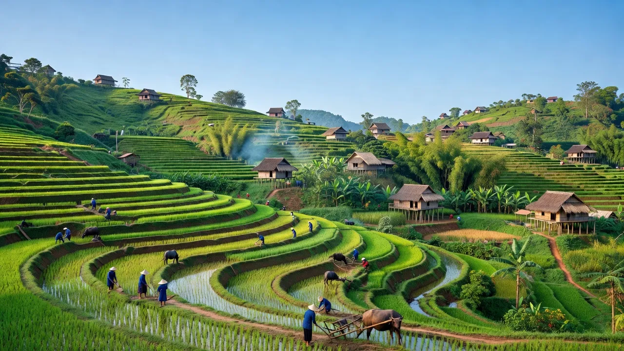 Cảnh đẹp xã Ea Nam, huyện Ea H'leo, tỉnh Đắk Lắk với ruộng bậc thang và nhà truyền thống.