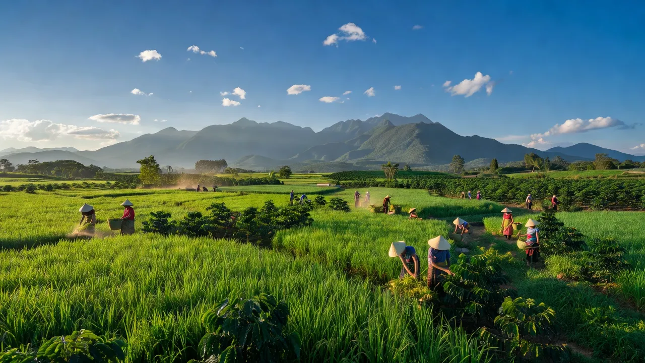 Cảnh quan xã Ea Sol, huyện Ea H'leo, tỉnh Đắk Lắk với cánh đồng và núi xanh.