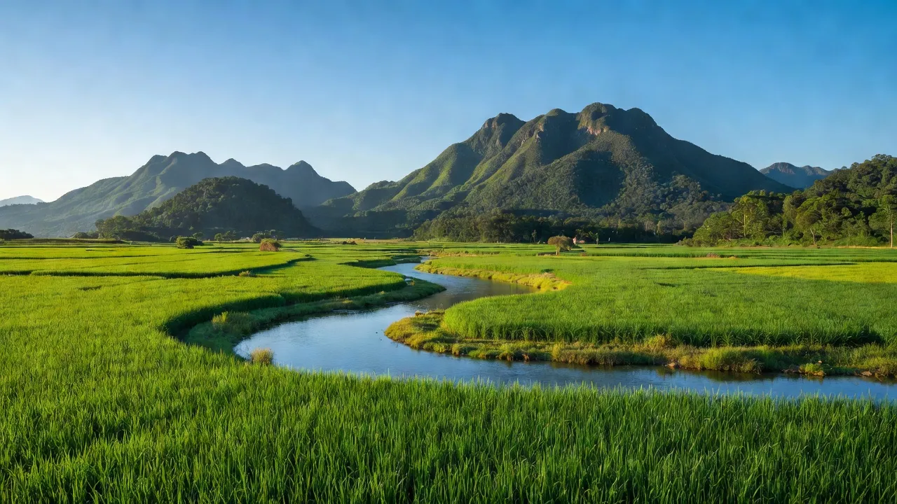 Cảnh đẹp xã Ea Tir, huyện Ea H'leo, Đắk Lắk với cánh đồng, sông và núi mây trời.