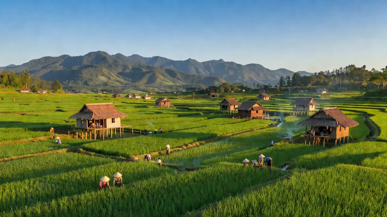 Phong cảnh xã Ea Wy, huyện Ea H'leo, tỉnh Đắk Lắk với đồng ruộng xanh tươi, nhà gỗ truyền thống.