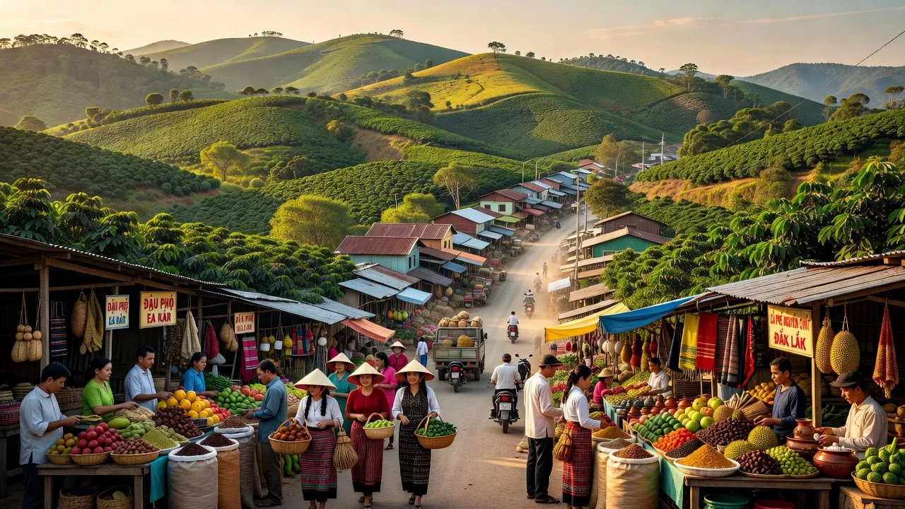 Khung cảnh huyện Ea Kar, Đắk Lắk với đồi núi xanh, chợ địa phương và kết nối kinh tế
