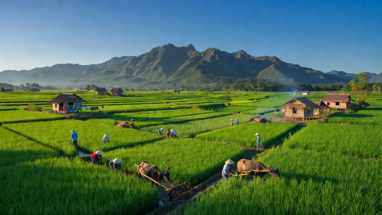 Cảnh đẹp xã Cư Huê, huyện Ea Kar, Đắk Lắk với cánh đồng và núi non, thể hiện văn hóa địa phương.