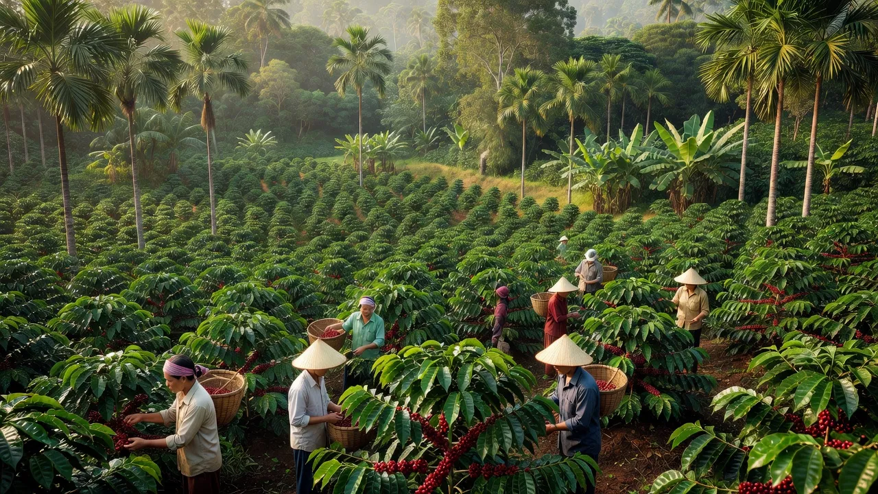 Khung cảnh nông thôn Cư Jang, huyện Ea Kar, Đắk Lắk với đồng cà phê xanh mướt.