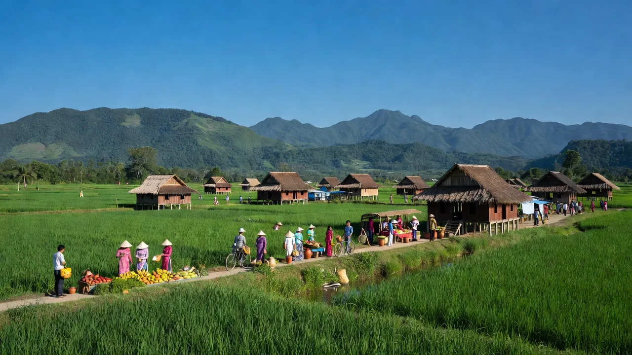 Khung cảnh Xã Cư Ni, huyện Ea Kar, Đắk Lắk với ruộng xanh, nhà truyền thống, và trời trong xanh.