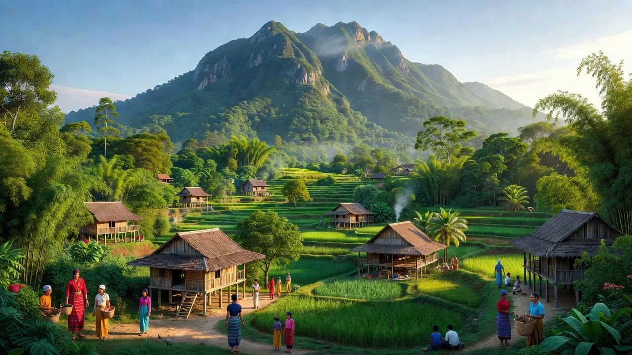 Cảnh đẹp xã Cư Prông, huyện Ea Kar, tỉnh Đắk Lắk với núi hùng vĩ và bản làng xanh tươi.