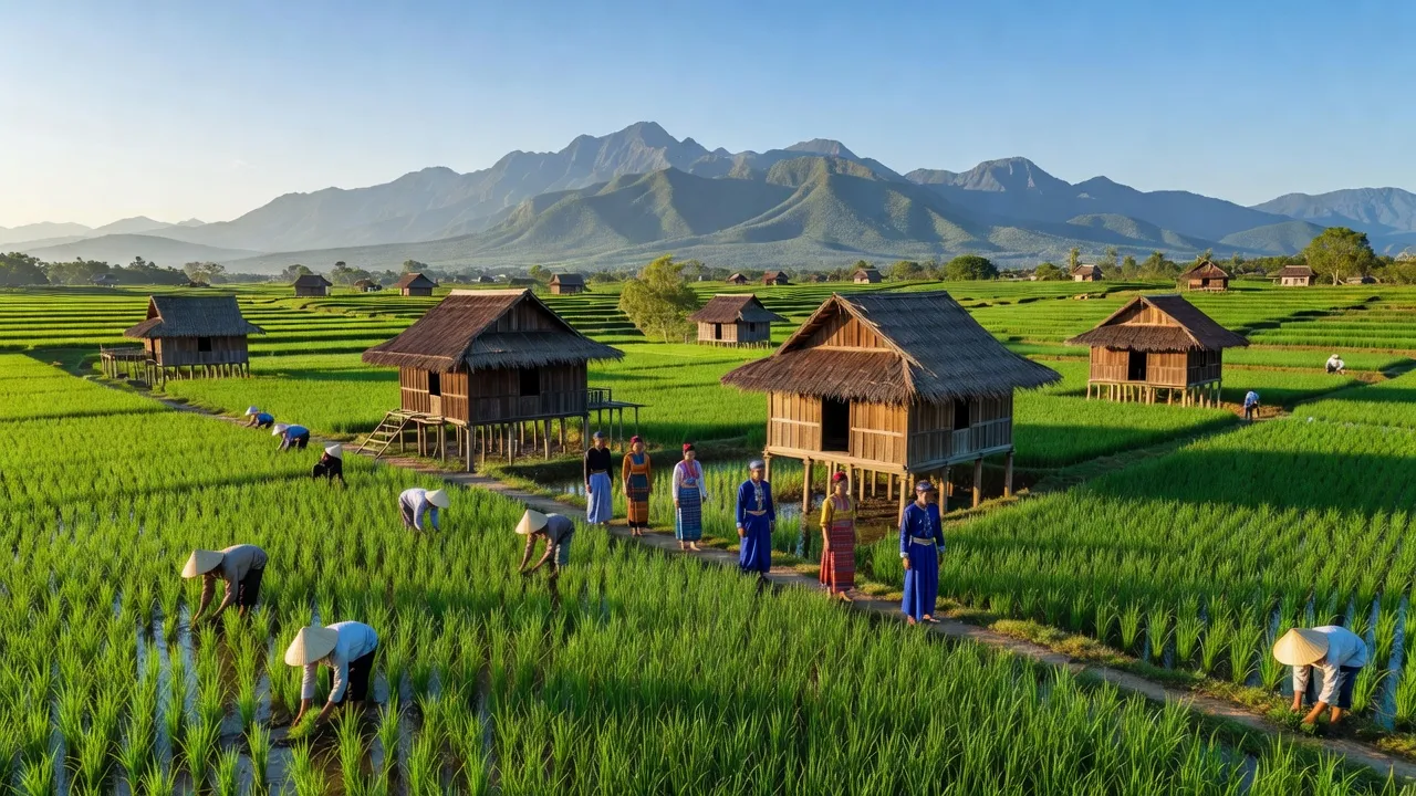 Cảnh đẹp xã Ea Đar, huyện Ea Kar với cánh đồng xanh và nhà gỗ truyền thống.