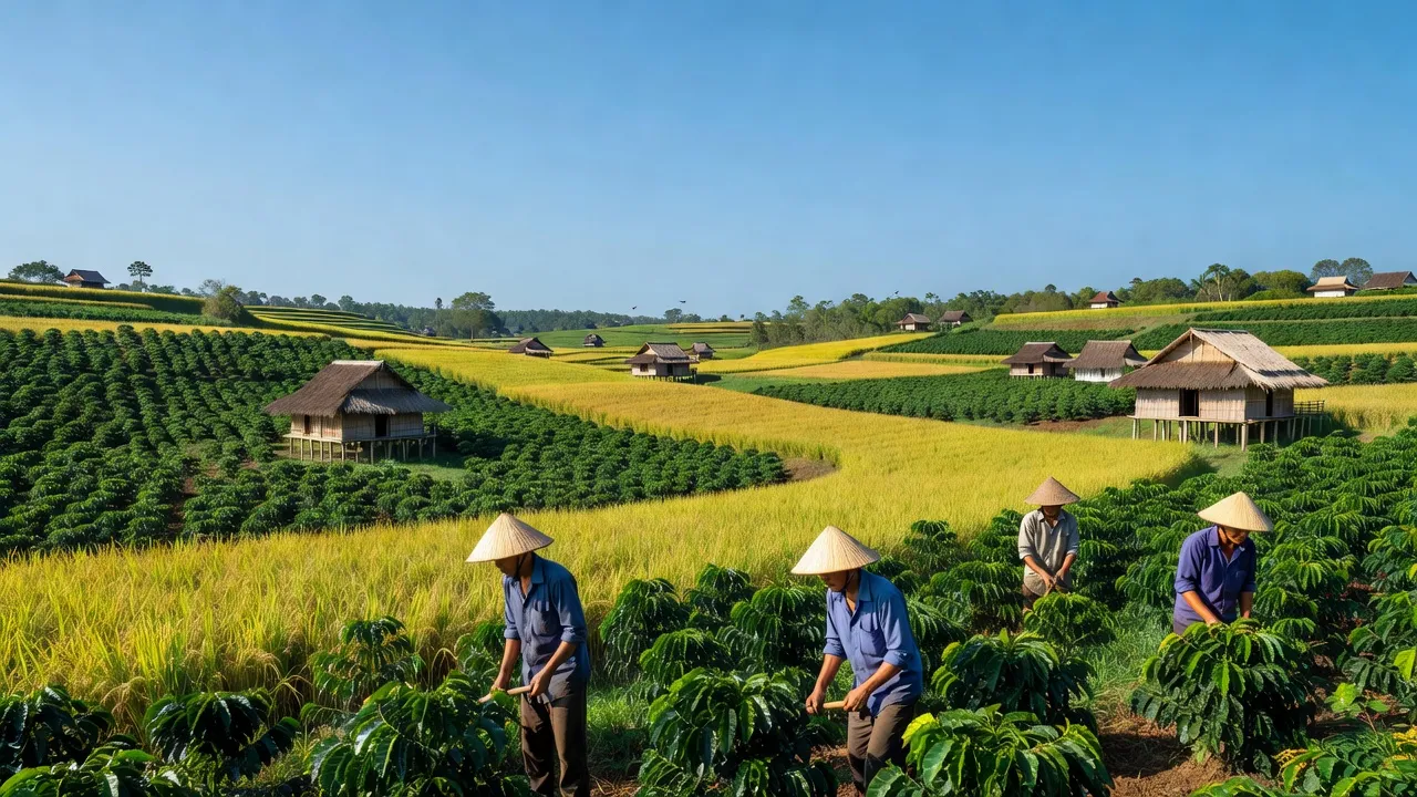 Cảnh quan xanh tươi ở xã Ea Păl, huyện Ea Kar, tỉnh Đắk Lắk với cánh đồng và nhà truyền thống.