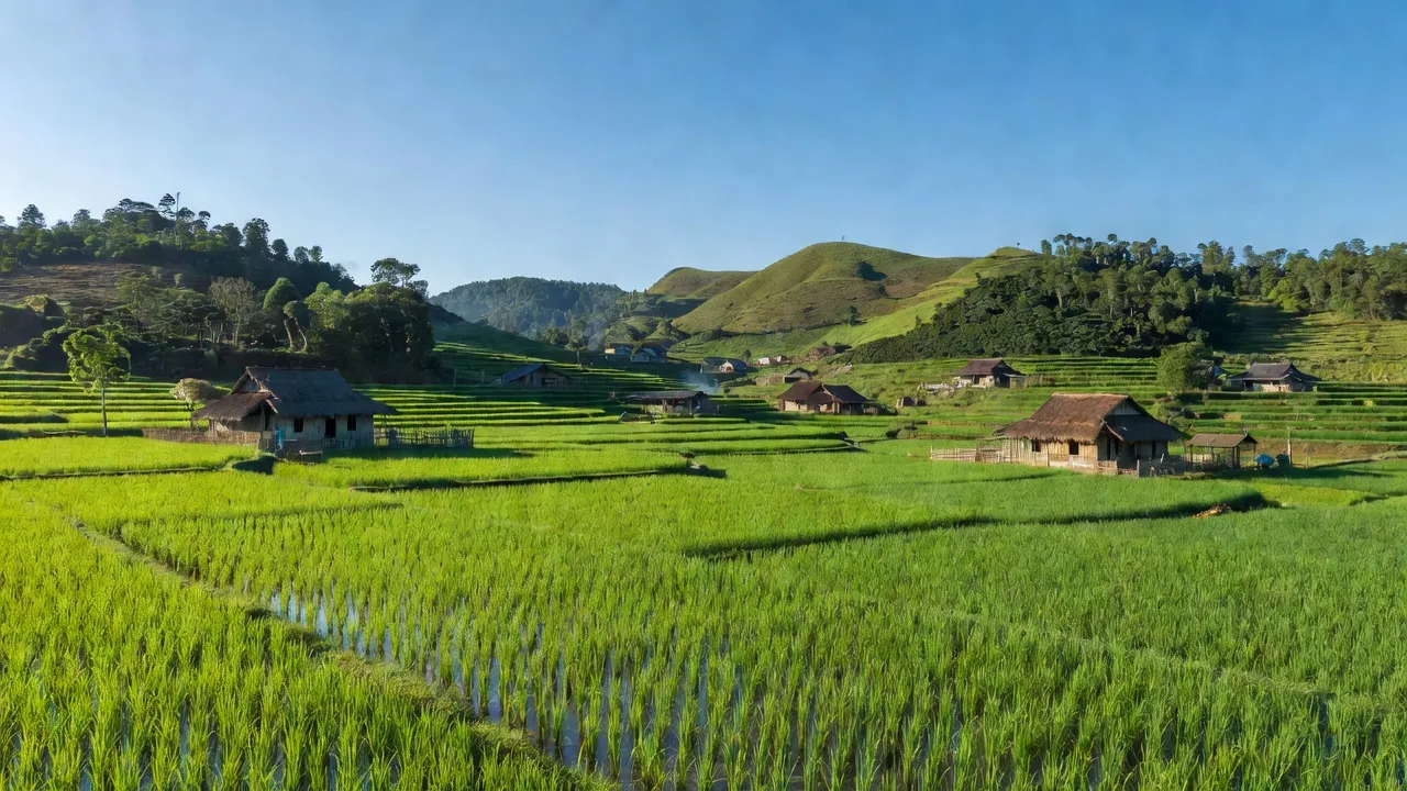 Khung cảnh xã Ea Păl, huyện Ea Kar, tỉnh Đắk Lắk, với cánh đồng lúa xanh tươi.