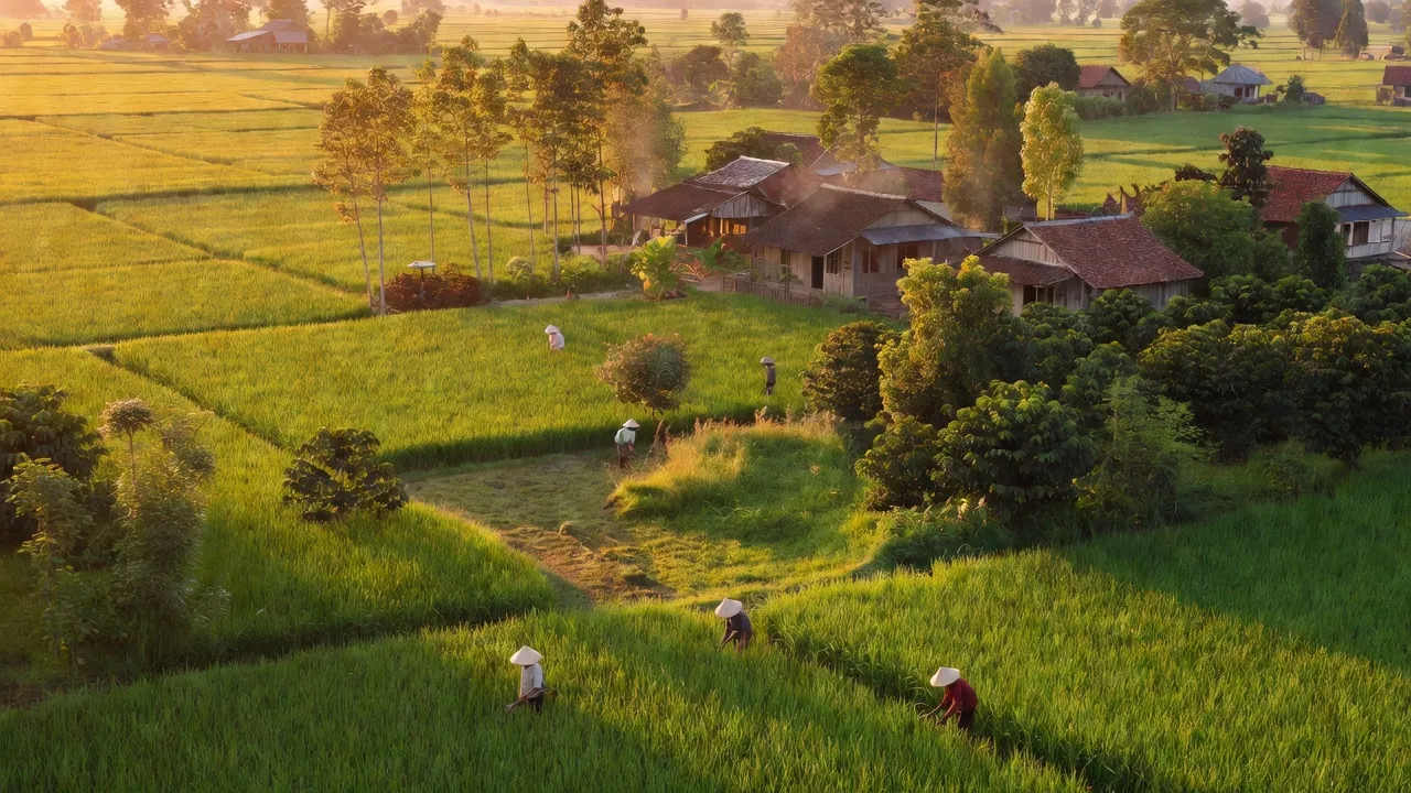 Cảnh quan nông thôn xã Ea Sar, huyện Ea Kar, tỉnh Đắk Lắk với cánh đồng và thôn làng.