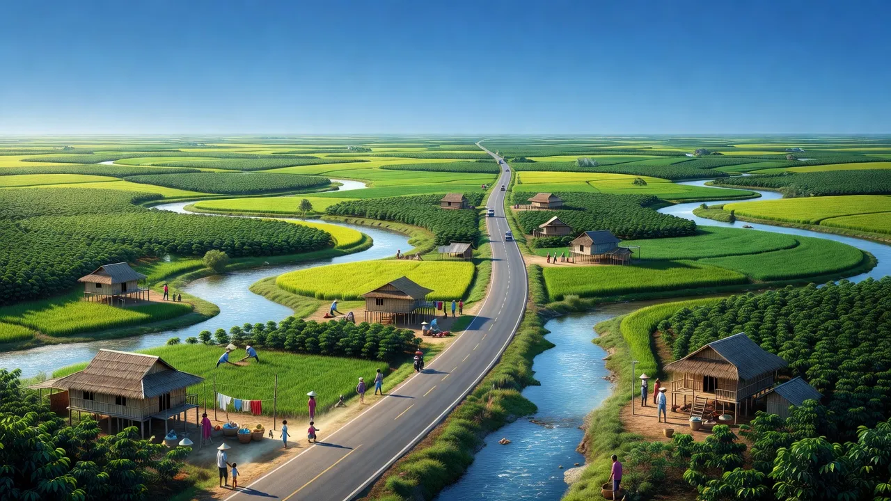 Cảnh quan xã Ea Tih, huyện Ea Kar, Đắk Lắk với đồng xanh và đường Quốc lộ 26.