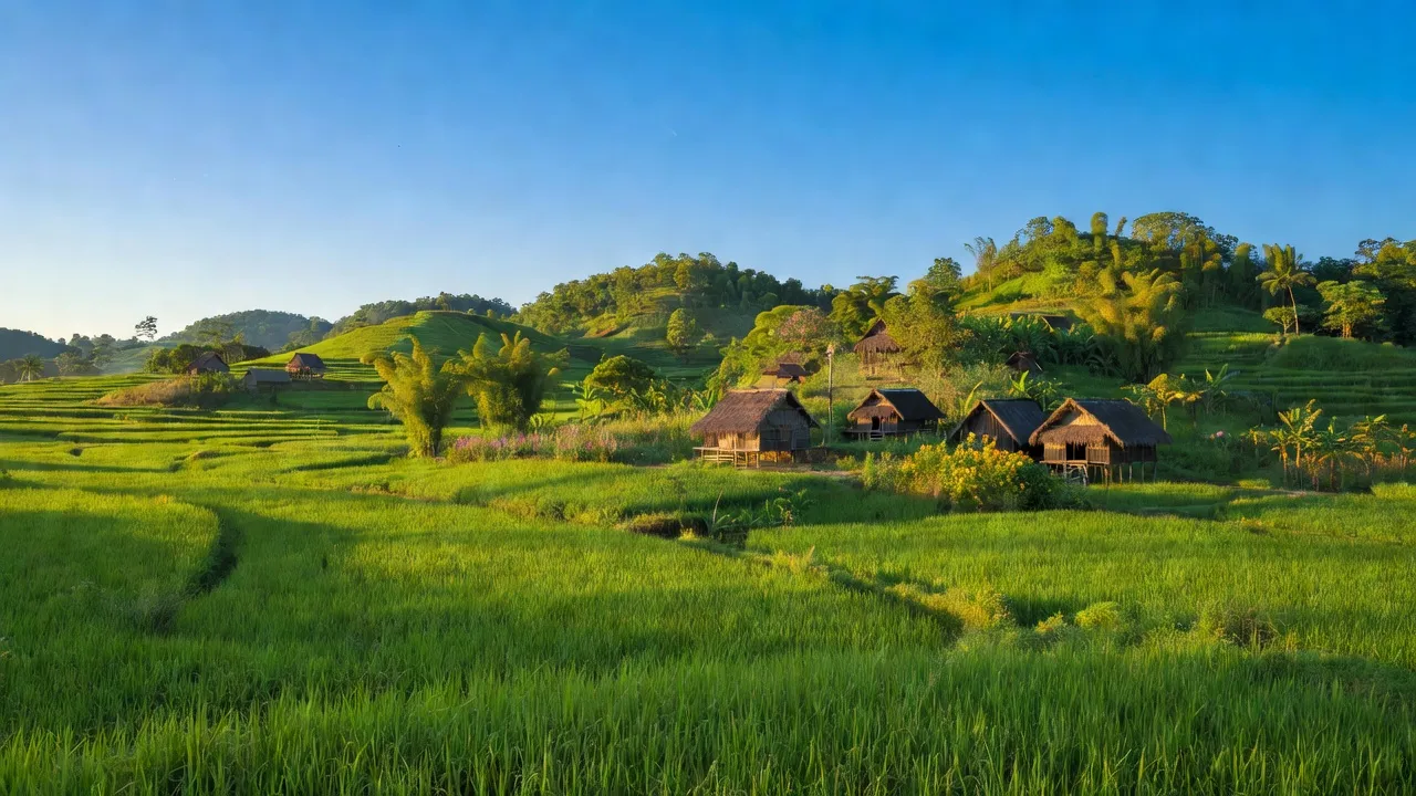 Khung cảnh huyện Ea Súp, Đắk Lắk với đồng xanh tươi tốt và nhà truyền thống.