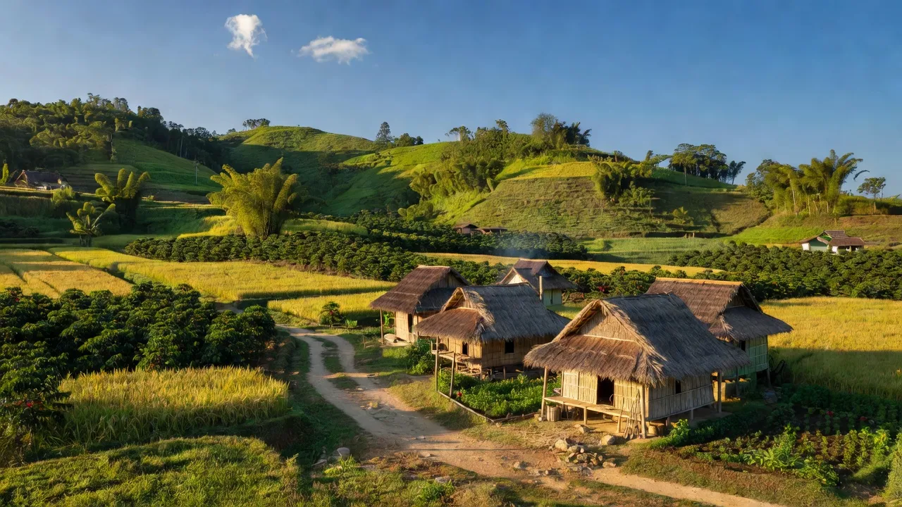 Cảnh đẹp xã Cư M'Lan, huyện Ea Súp, Đắk Lắk với đồi núi xanh và đồng ruộng.